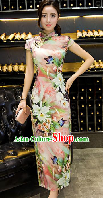 Chinese Top Grade Retro Printing Flowers Pink Silk Qipao Dress Traditional Republic of China Tang Suit Cheongsam for Women