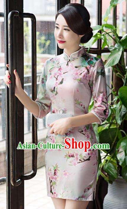 Chinese Top Grade Retro Printing Peach Blossom Qipao Dress Traditional Republic of China Tang Suit Cheongsam for Women