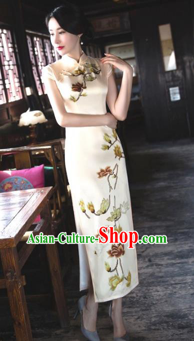 Chinese Top Grade Retro Champagne Silk Qipao Dress Traditional Republic of China Tang Suit Cheongsam for Women