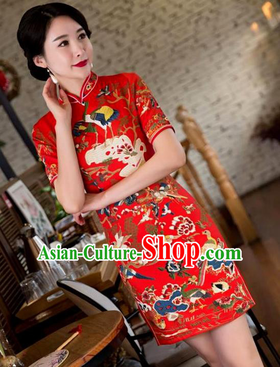 Chinese Top Grade Elegant Printing Crane Qipao Dress Traditional Republic of China Tang Suit Red Cheongsam for Women