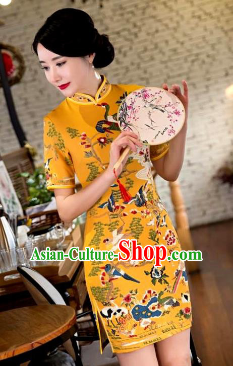 Chinese Top Grade Elegant Printing Crane Qipao Dress Traditional Republic of China Tang Suit Yellow Cheongsam for Women