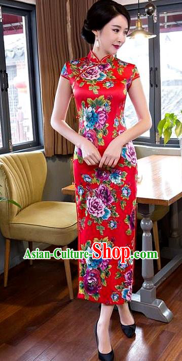 Chinese Top Grade Elegant Printing Peony Flowers Red Silk Qipao Dress Traditional Republic of China Tang Suit Cheongsam for Women
