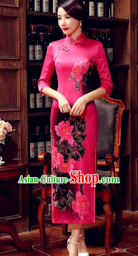 Top Grade Chinese Elegant Printing Peony Rosy Cheongsam Traditional Republic of China Tang Suit Silk Qipao Dress for Women