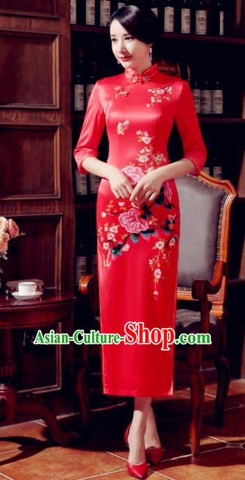 Top Grade Chinese Elegant Printing Peony Red Cheongsam Traditional Republic of China Tang Suit Silk Qipao Dress for Women
