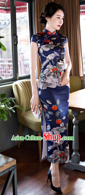 Top Grade Chinese Elegant Printing Birds Navy Cheongsam Traditional Republic of China Tang Suit Silk Qipao Dress for Women