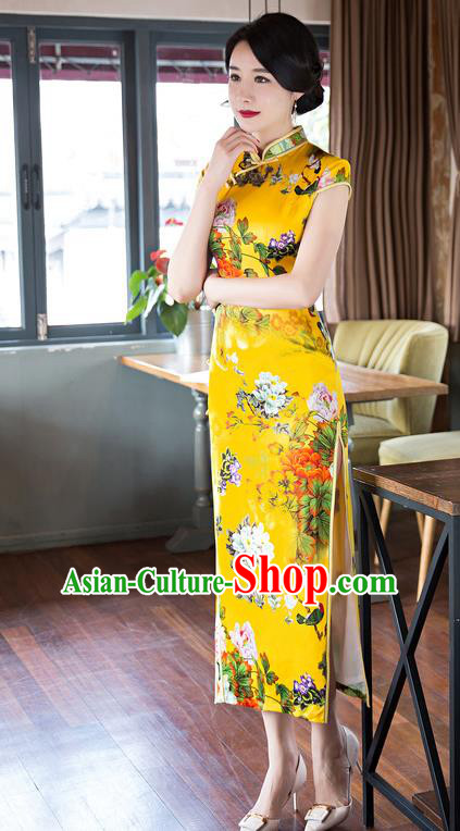 Top Grade Chinese Elegant Cheongsam Traditional China Tang Suit Printing Peony Yellow Silk Qipao Dress for Women