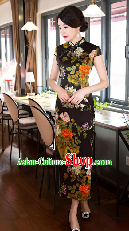 Top Grade Chinese Elegant Cheongsam Traditional China Tang Suit Printing Peony Black Silk Qipao Dress for Women