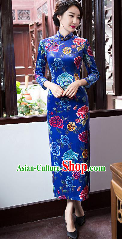 Top Grade Chinese Elegant Blue Cheongsam Traditional China Tang Suit Printing Peony Qipao Dress for Women