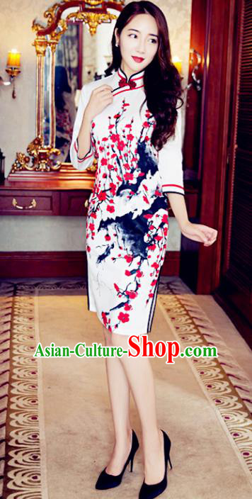 Top Grade Chinese Elegant Green Cheongsam Traditional China Tang Suit Ink Painting Plum Blossom Qipao Dress for Women