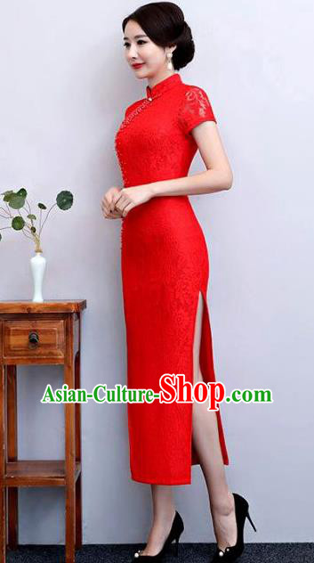 Top Grade Chinese Elegant Red Lace Cheongsam Traditional China Tang Suit Qipao Dress for Women