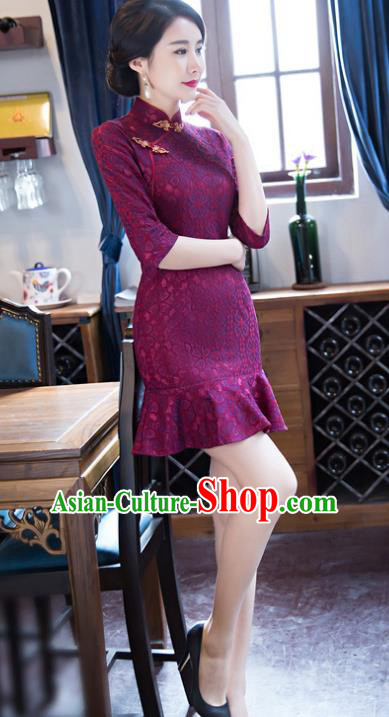 Top Grade Chinese Elegant Purple Lace Short Cheongsam Traditional China Tang Suit Qipao Dress for Women