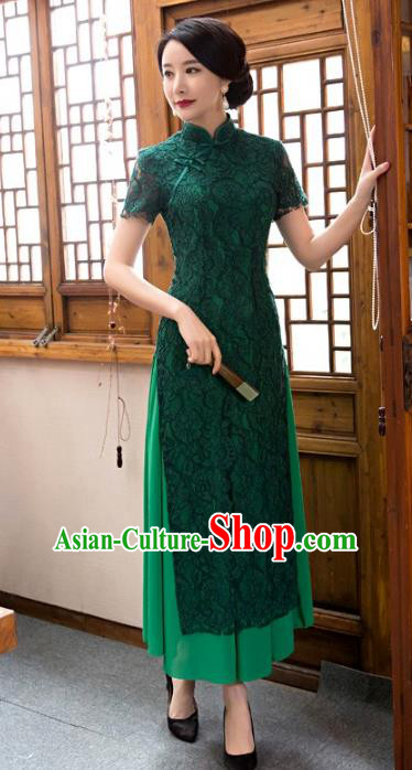 Chinese Top Grade Elegant Green Lace Qipao Dress Traditional Republic of China Tang Suit Cheongsam for Women