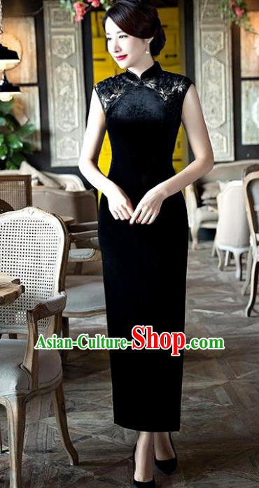Chinese Top Grade Elegant Black Silk Lace Qipao Dress Traditional Republic of China Tang Suit Cheongsam for Women