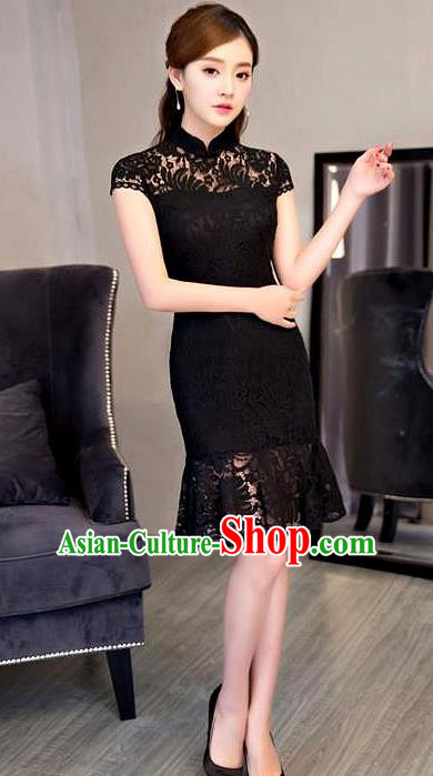 Chinese Top Grade Elegant Qipao Dress Traditional Republic of China Tang Suit Black Lace Short Cheongsam for Women