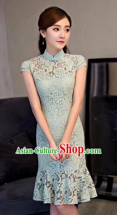 Chinese Top Grade Elegant Qipao Dress Traditional Republic of China Tang Suit Green Lace Short Cheongsam for Women