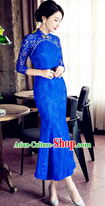 Chinese Top Grade Elegant Qipao Dress Traditional Republic of China Tang Suit Royalblue Lace Cheongsam for Women