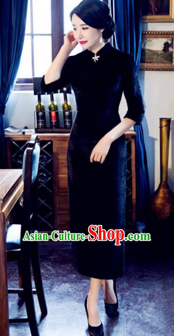 Chinese Top Grade Elegant Black Wool Cheongsam Traditional Republic of China Tang Suit Qipao Dress for Women