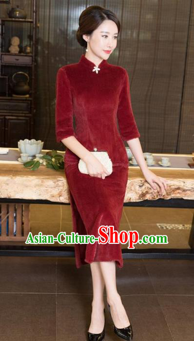 Chinese Top Grade Elegant Red Wool Cheongsam Traditional Republic of China Tang Suit Qipao Dress for Women