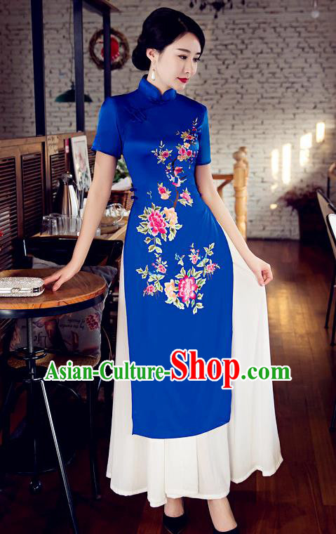 Chinese Top Grade Elegant Printing Peony Blue Cheongsam Traditional Republic of China Tang Suit Qipao Dress for Women