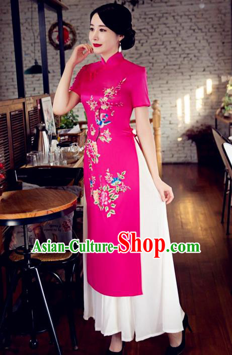 Chinese Top Grade Elegant Printing Peony Rosy Cheongsam Traditional Republic of China Tang Suit Qipao Dress for Women
