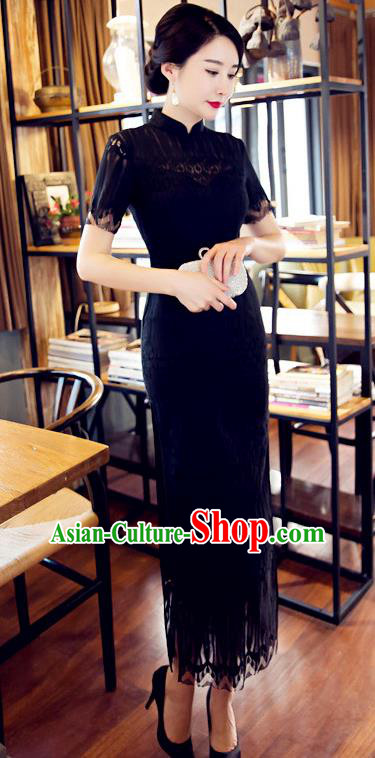 Chinese Top Grade Elegant Cheongsam Traditional Republic of China Tang Suit Black Lace Qipao Dress for Women