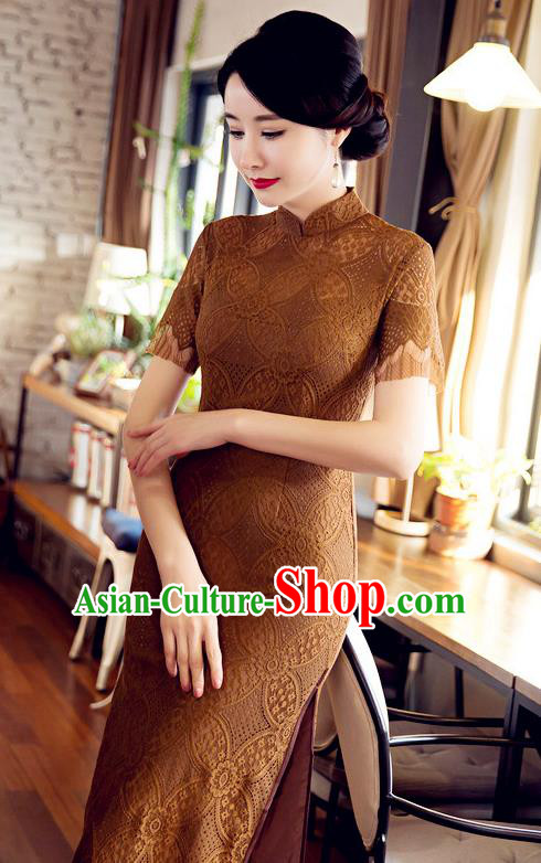 Chinese Top Grade Elegant Cheongsam Traditional Republic of China Tang Suit Ginger Lace Qipao Dress for Women