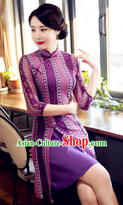 Chinese Top Grade Elegant Short Cheongsam Traditional Republic of China Tang Suit Purple Lace Qipao Dress for Women