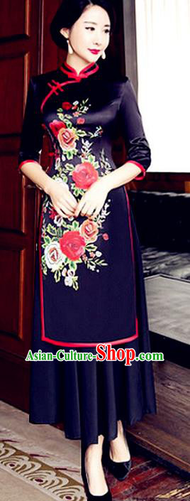 Top Grade Chinese Elegant Printing Black Cheongsam Traditional China Tang Suit Qipao Dress for Women