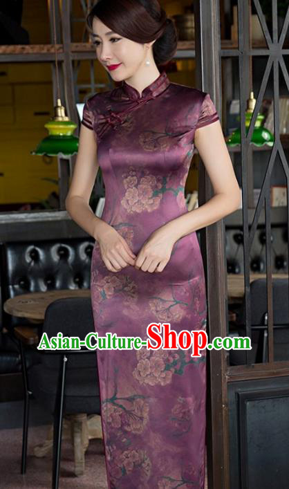 Traditional Top Grade Chinese Elegant Printing Cheongsam China Tang Suit Purple Qipao Dress for Women