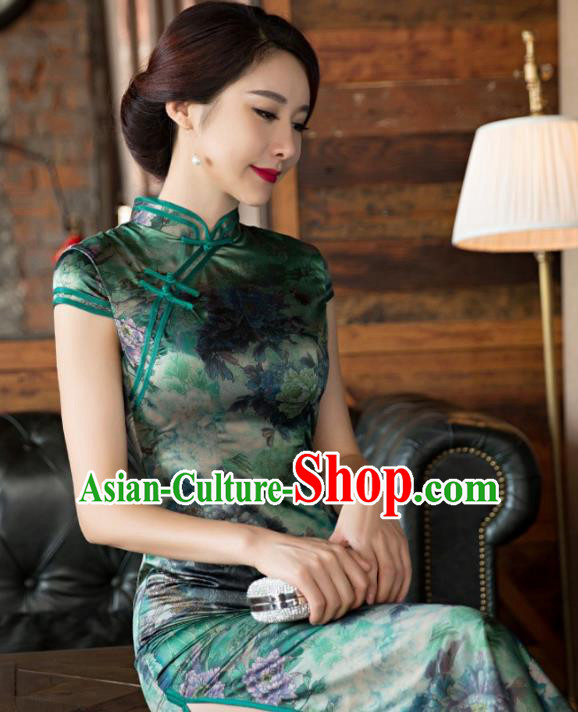 Traditional Top Grade Chinese Elegant Printing Cheongsam China Tang Suit Green Qipao Dress for Women