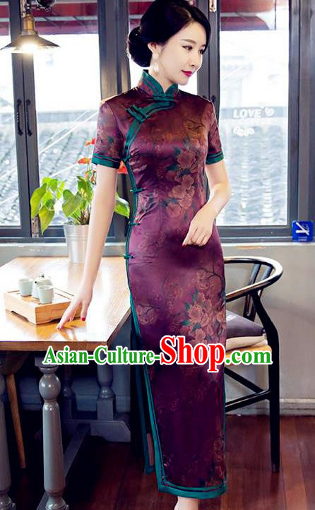 Traditional Top Grade Chinese Elegant Printing Purple Silk Cheongsam China Tang Suit Qipao Dress for Women