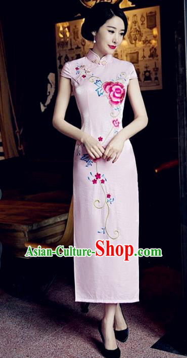 Traditional Top Grade Chinese Elegant Printing Peony Pink Cheongsam China Tang Suit Qipao Dress for Women
