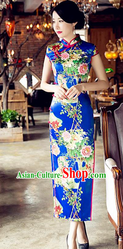 Traditional Chinese Elegant Cheongsam China Tang Suit Printing Peony Blue Qipao Dress for Women