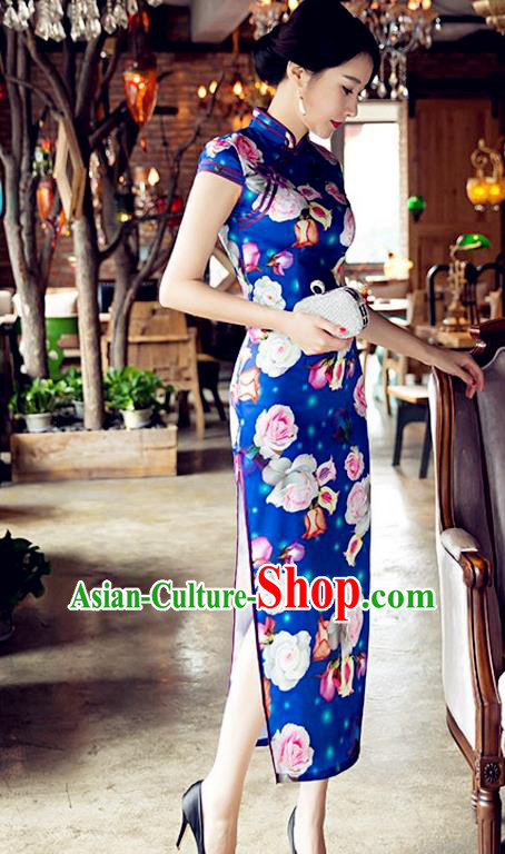 Traditional Chinese Elegant Cheongsam China Tang Suit Printing Rose Blue Qipao Dress for Women