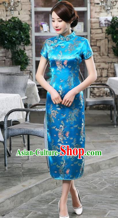 Traditional Chinese Elegant Phoenix Cheongsam China Tang Suit Blue Brocade Qipao Dress for Women