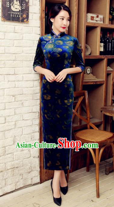 Traditional Chinese Elegant Printing Blue Velvet Cheongsam China Tang Suit Qipao Dress for Women