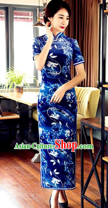 Traditional Chinese Elegant Printing Blue Cheongsam China Tang Suit Qipao Dress for Women
