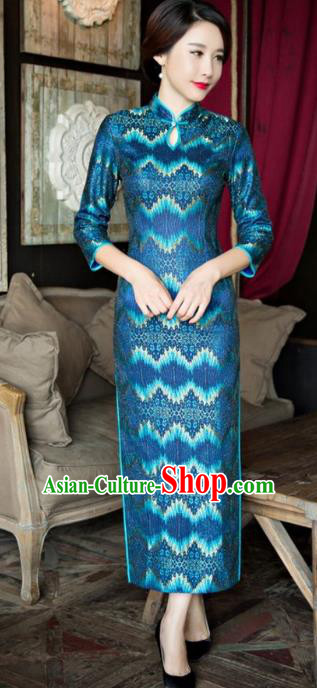 Traditional Chinese Elegant Blue Lace Cheongsam China Tang Suit Qipao Dress for Women