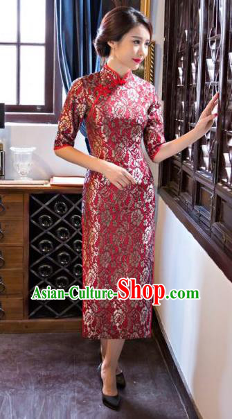 Chinese Traditional Costume Elegant Silk Cheongsam China Tang Suit Red Qipao Dress for Women