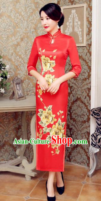 Chinese Traditional Costume Elegant Cheongsam China Tang Suit Printing Flowers Red Velvet Qipao Dress for Women