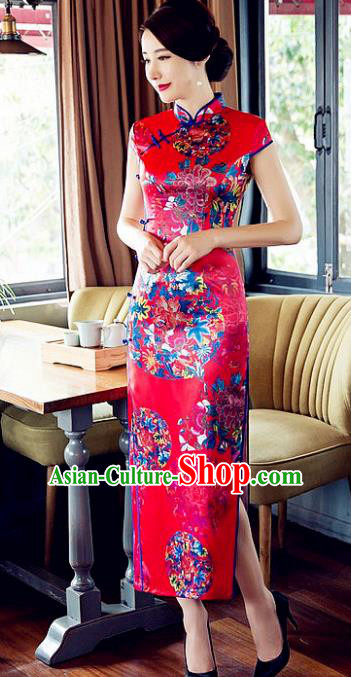 Chinese Traditional Costume Graceful Cheongsam China Tang Suit Printing Red Qipao Dress for Women