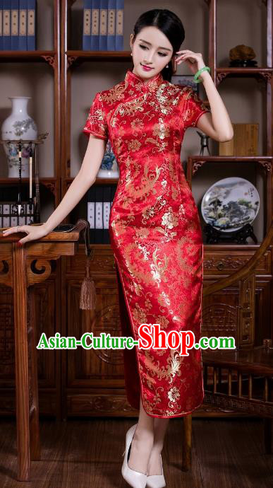 Chinese Traditional Costume Graceful Ombre Flowers Cheongsam China Tang Suit Red Brocade Qipao Dress for Women