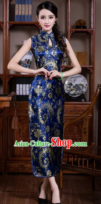 Chinese Traditional Costume Graceful Ombre Flowers Cheongsam China Tang Suit Royalblue Brocade Qipao Dress for Women