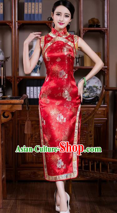 Chinese Traditional Costume Graceful Chrysanthemum Cheongsam China Tang Suit Red Brocade Qipao Dress for Women