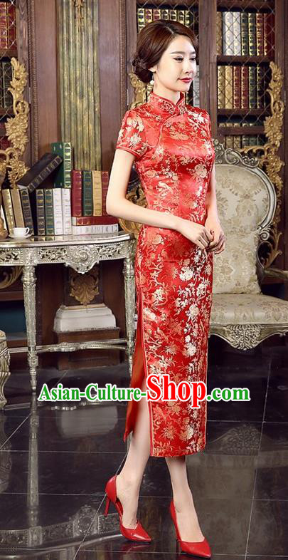 Chinese Traditional Costume Red Brocade Cheongsam China Tang Suit Silk Qipao Dress for Women