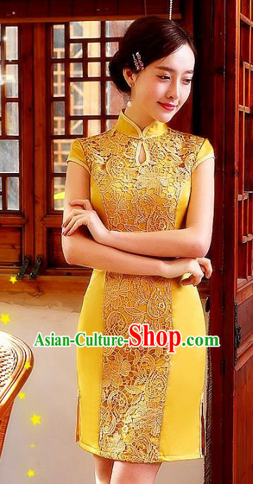 Chinese Traditional Costume Cheongsam China Tang Suit Yellow Lace Qipao Dress for Women