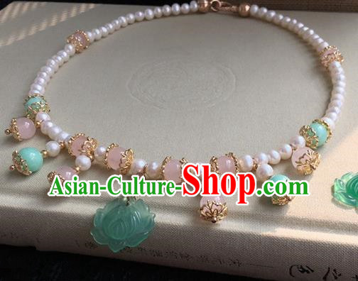 Traditional Handmade Chinese Ancient Classical Accessories Green Lotus Necklace Pearls Necklet for Women