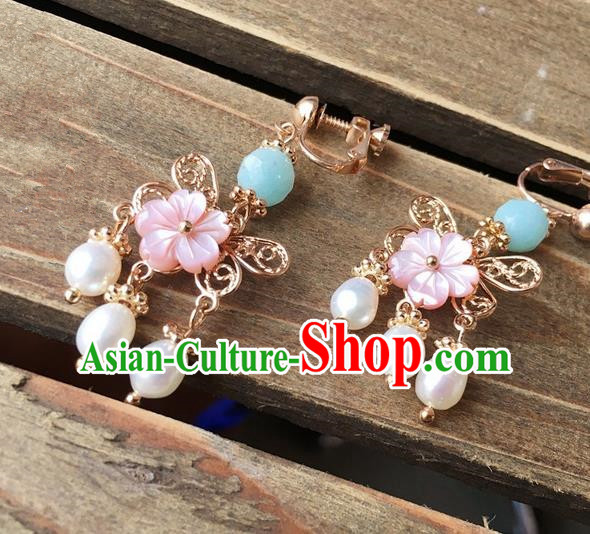 Traditional Handmade Chinese Ancient Classical Accessories Hanfu Pearls Tassel Earrings for Women