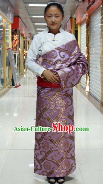Chinese Traditional Zang Nationality Lilac Brocade Tibetan Robe, China Tibetan Ethnic Heishui Dance Costume for Women
