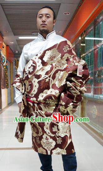 Chinese Traditional Zang Nationality Purplish Red Tibetan Robe, China Tibetan Ethnic Heishui Dance Costume for Men
